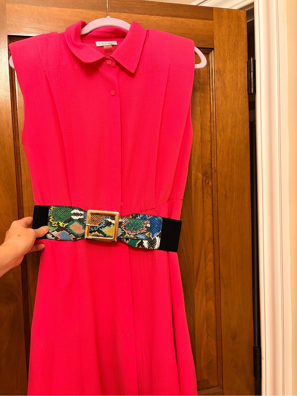 Calvin Klein Sleeveless Button-Front Mini Dress in Hot Pink